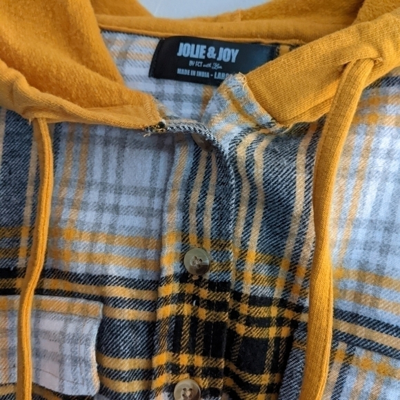 𝅺JOLIE & Joy Flannel Cropped Hoodie Plaid Yellow Black Large - Picture 4 of 6